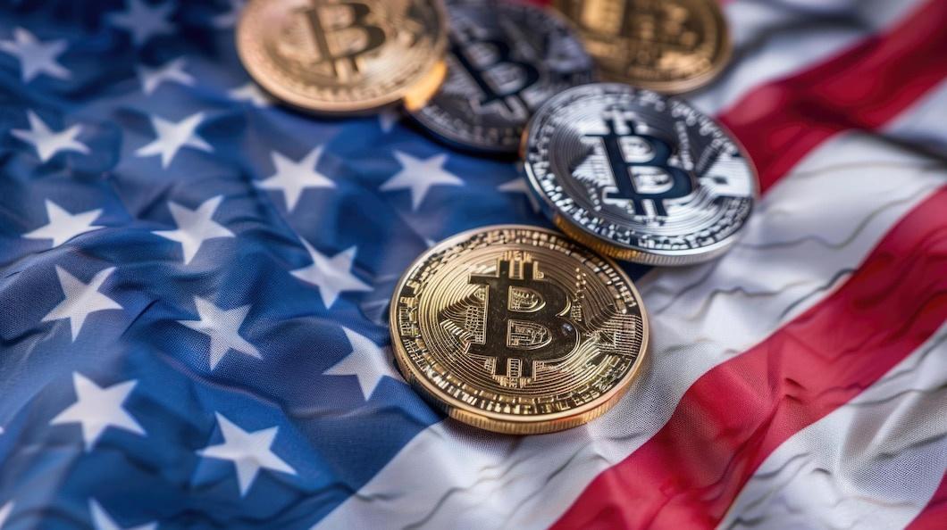 Bitcoin coin with American and EU flags