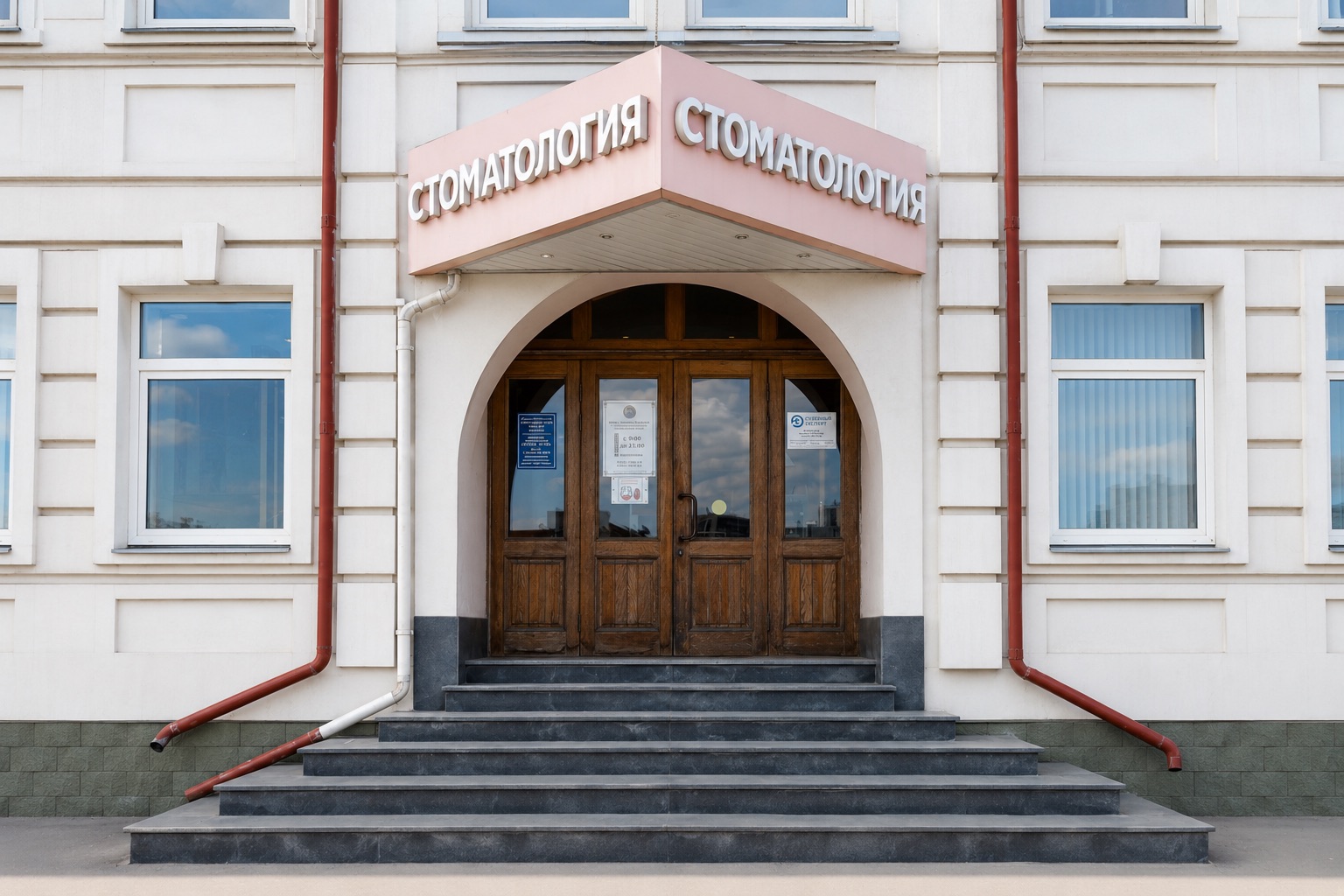 Вход в здание на Большой Тульской улице, 46, под вывеской «СТОМАТОЛОГИЯ»