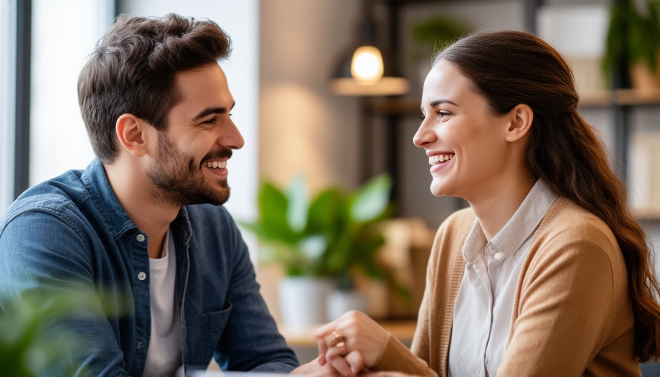 мужчина и женщина сидят общаются и улыбаются друг другу