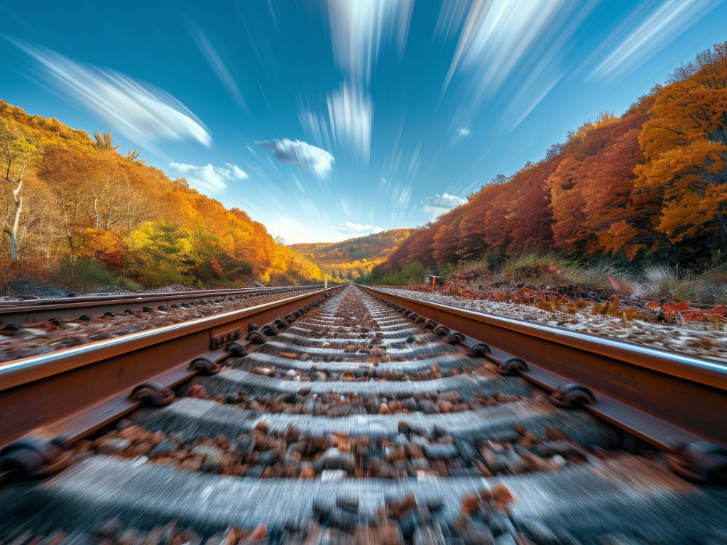 жд дорога облака рельсы шпалы лес деревья скорость