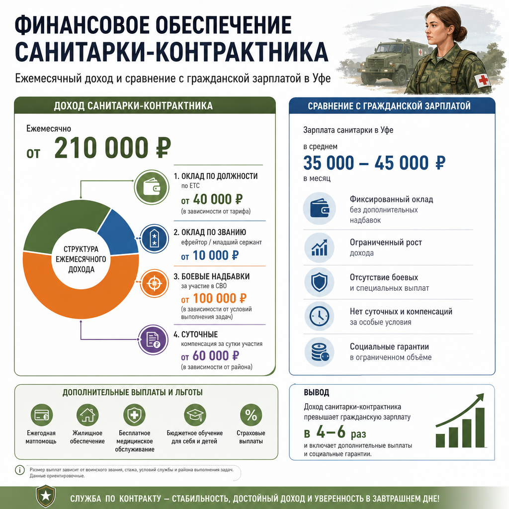 Инфографика «Финансовое обеспечение санитарки-контрактника» — схема с разбивкой ежемесячного дохода на составляющие: оклад по должности, оклад по званию, боевые надбавки, суточные; рядом — сравнение с гражданской зарплатой санитарки в Уфе