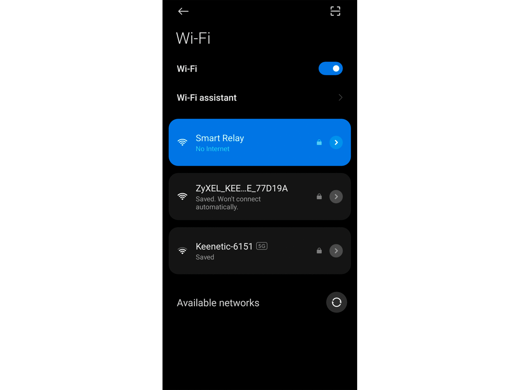 Wi-Fi settings on a smartphone