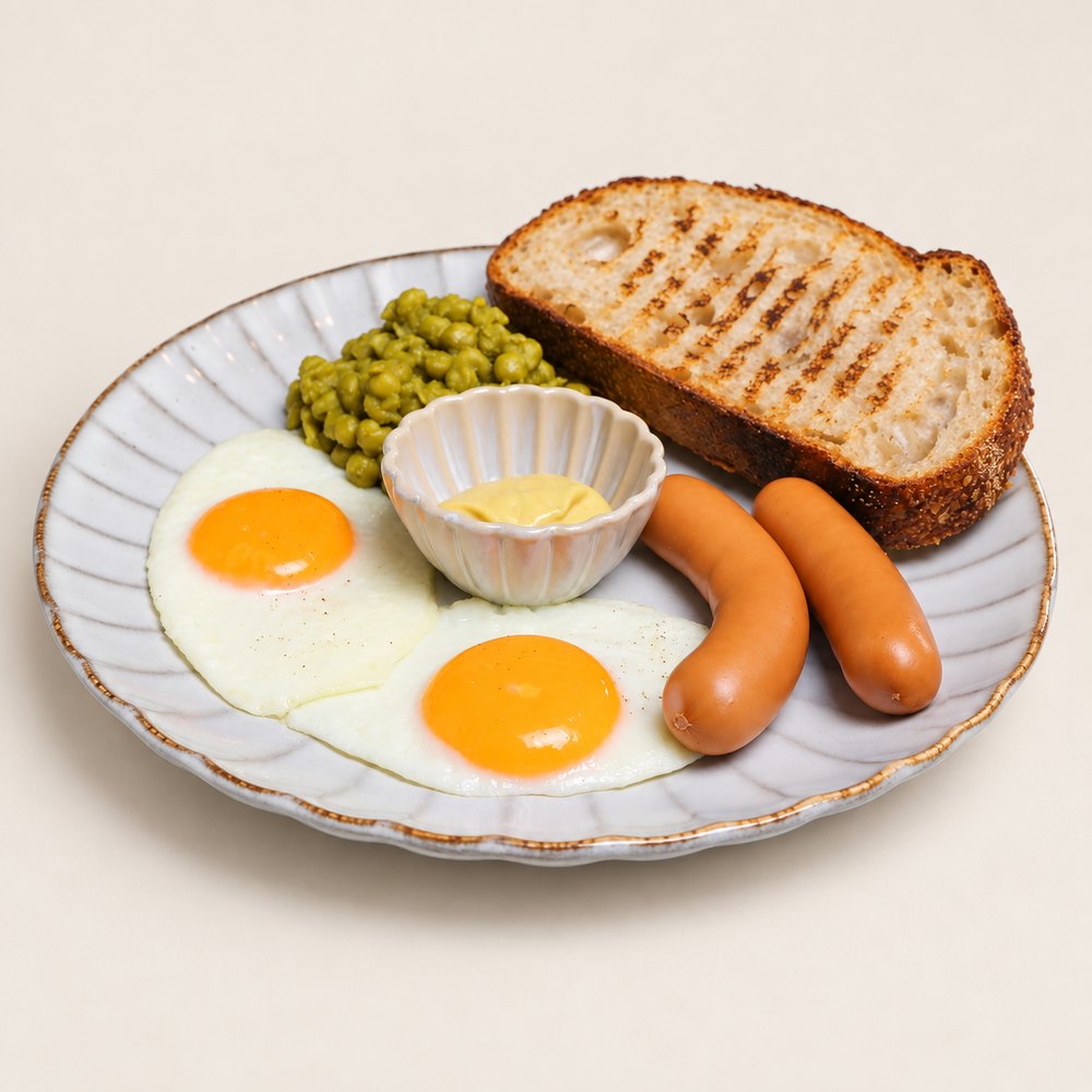 Глазунья с горошком и сосисками
