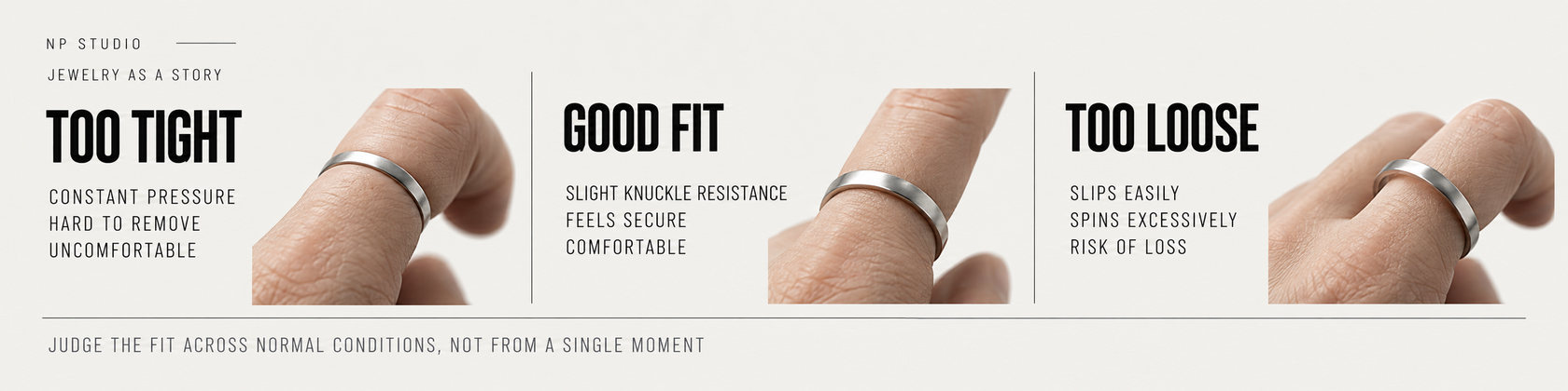 Ring fit comparison — too tight, correct fit and too loose on the finger