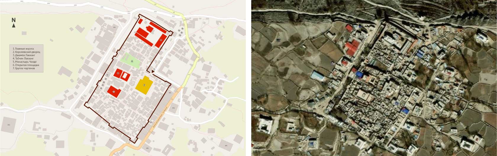 Планировка города Ло-Мантанг: крепостная стена, королевский дворец и монастыри на схеме и спутниковом снимке, Верхний Мустанг, Непал