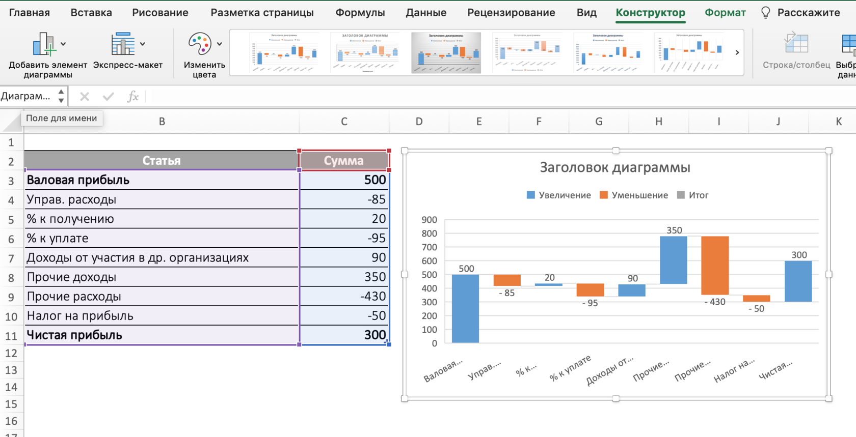 Как создать каскадную диаграмму в excel