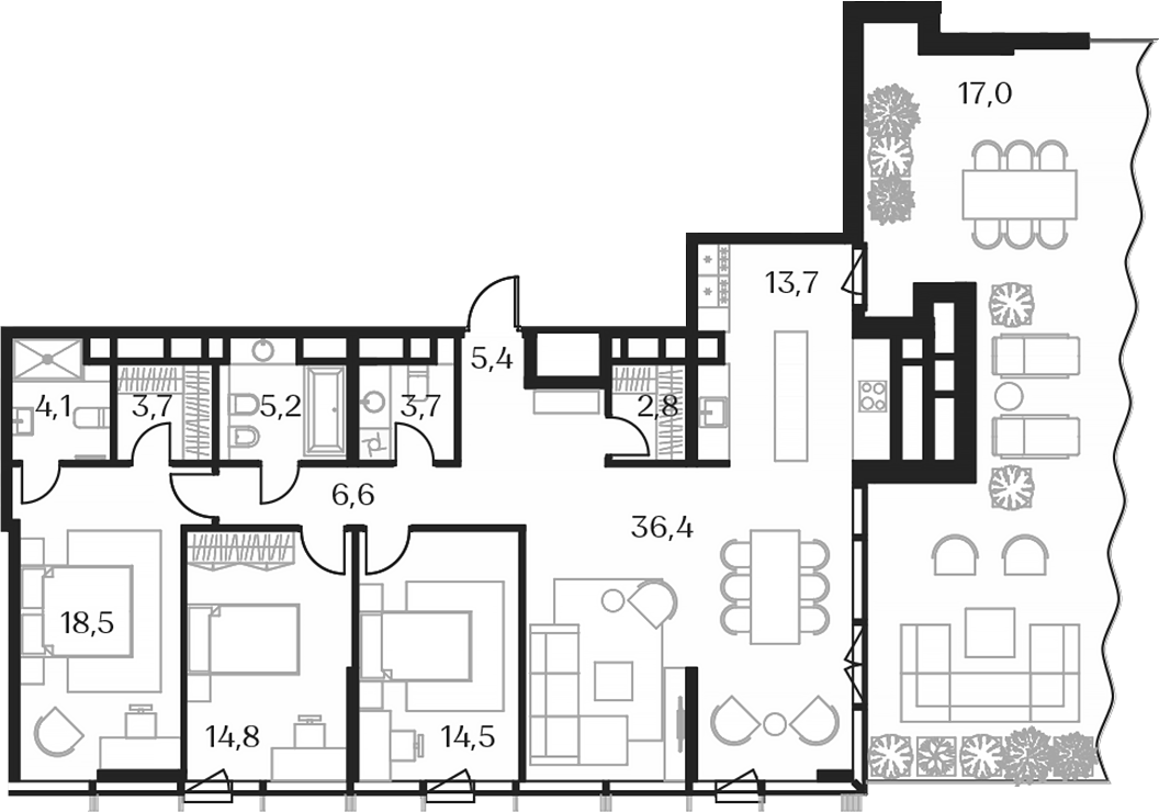 3-комн. + терраса — 146 м²