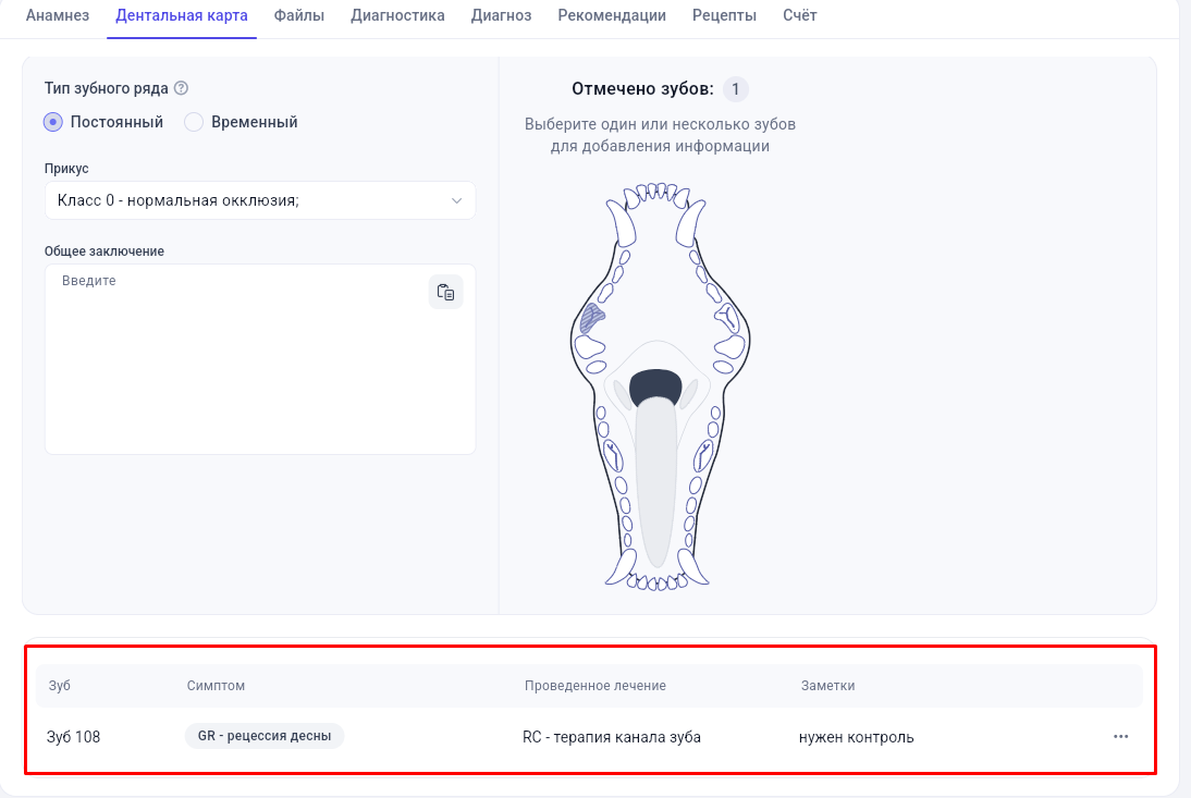 Сводная таблица по дентальной карте в GetWell