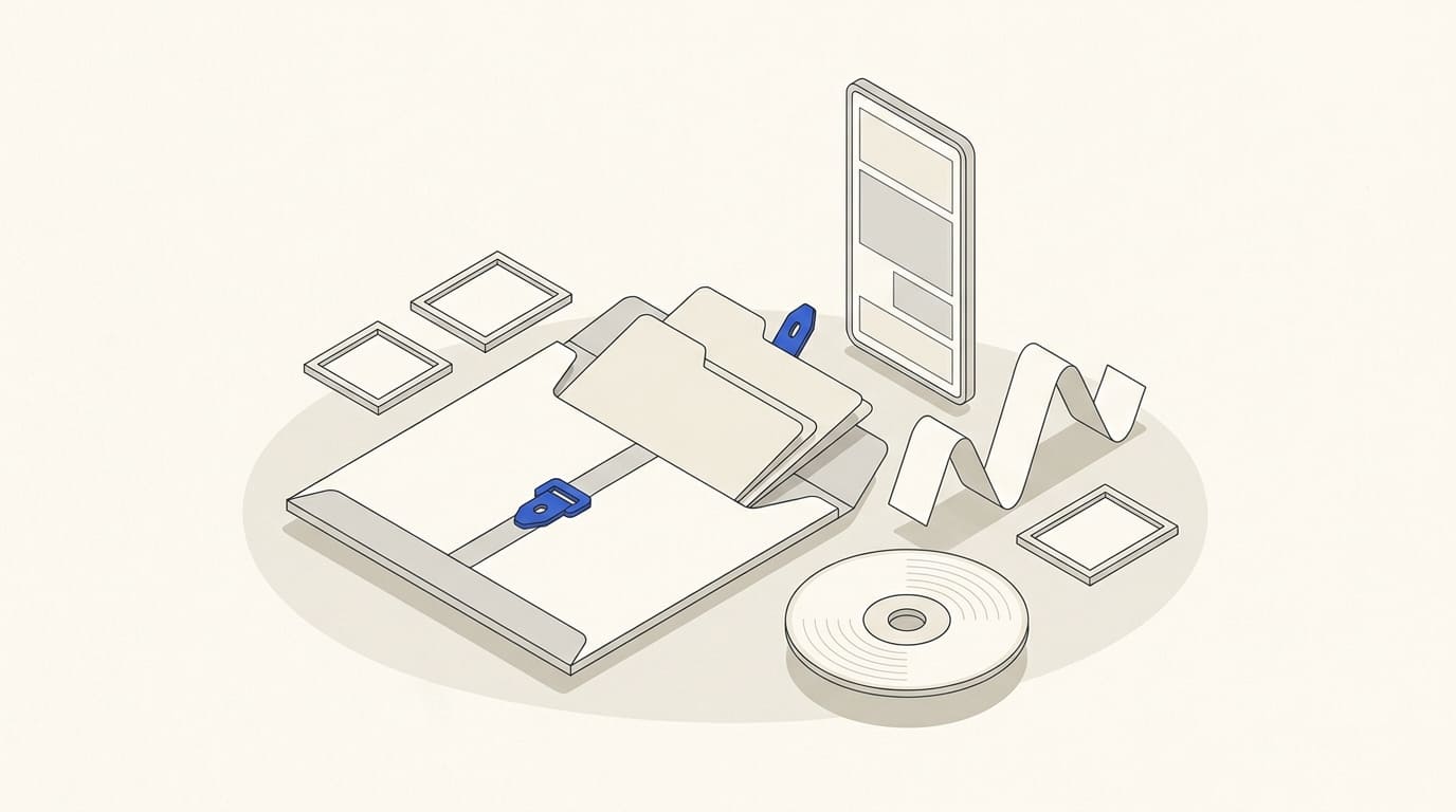 A video frame, audio ribbon and recording disc beside a permissions folder.