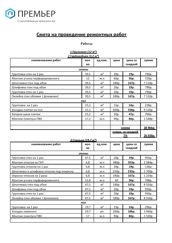 Смета на проведение ремонтных работ образец
