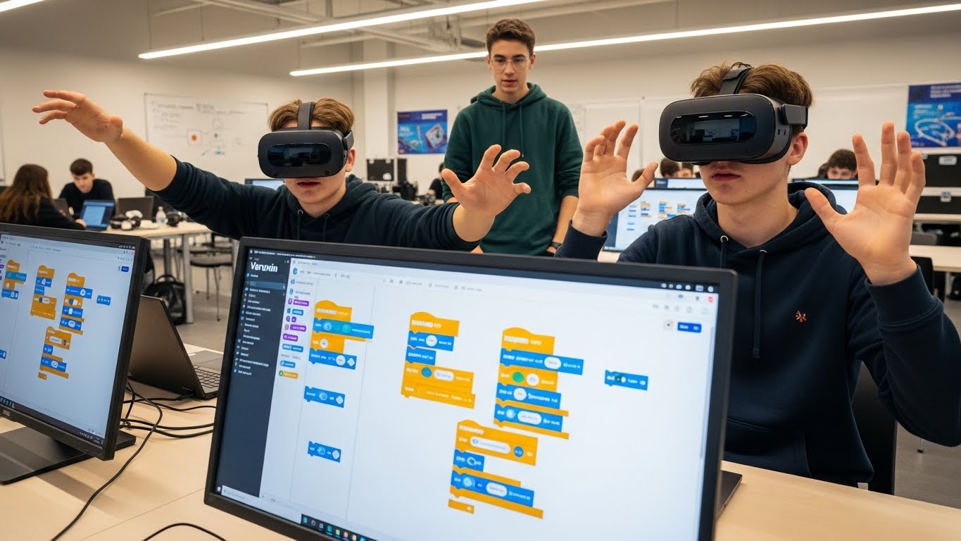 Обучение детей VR-разработке на российской платформе Varwin: визуальное программирование и дети в шлемах виртуальной реальности.