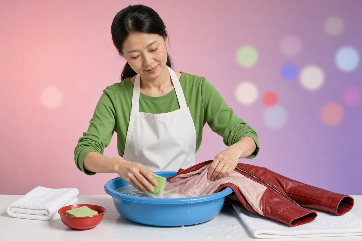 Person hand-washing the inner lining of a leather jacket in a shallow basin of lukewarm water using a soft sponge, gentle suds visible
