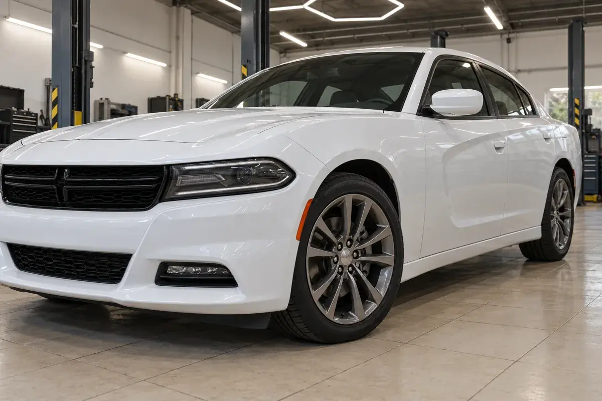 Иллюстрация: колесо и передняя часть белого Dodge Charger