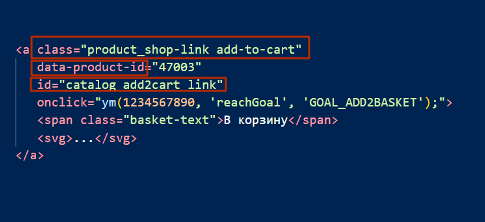 Скрин №16: в коде выделены class, data-product-id и id