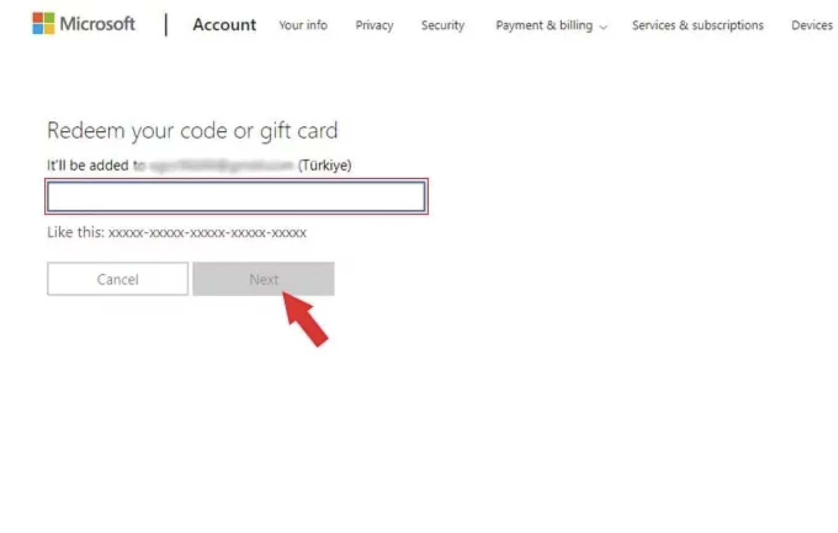 Account microsoft billing redeem