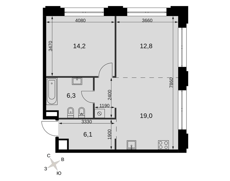 Планировка: 2-комнатная квартира 58,4 м² в ЖК «Сидней Прайм», корпус 3.1, 3-й этаж