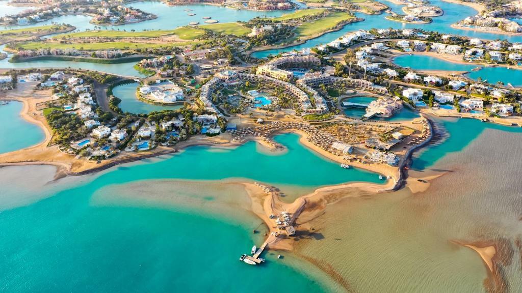 Aerial panorama of El Gouna lagoons and waterfront neighbourhoods