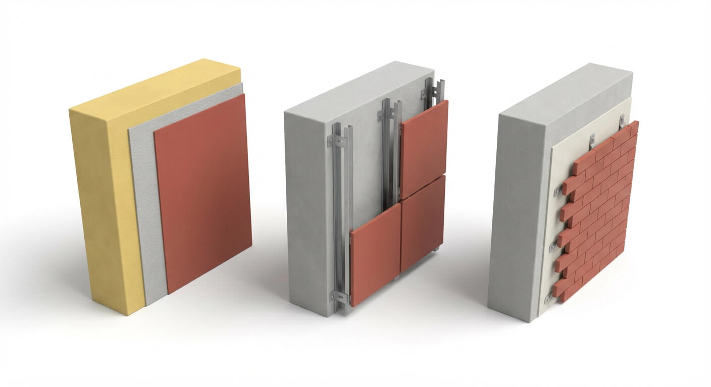 Сравнение трёх фасадных систем в 3D: мокрый фасад (СФТК), вентфасад (НВФ) и облицовка по основанию с показом слоёв