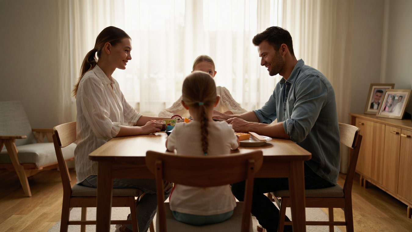 семья на консультации у семейного психолога обсуждает проблемы в доверительной атмосфере