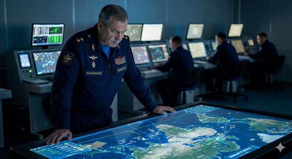 Офицер Главного командования ВВС России за работой в ситуационном центре