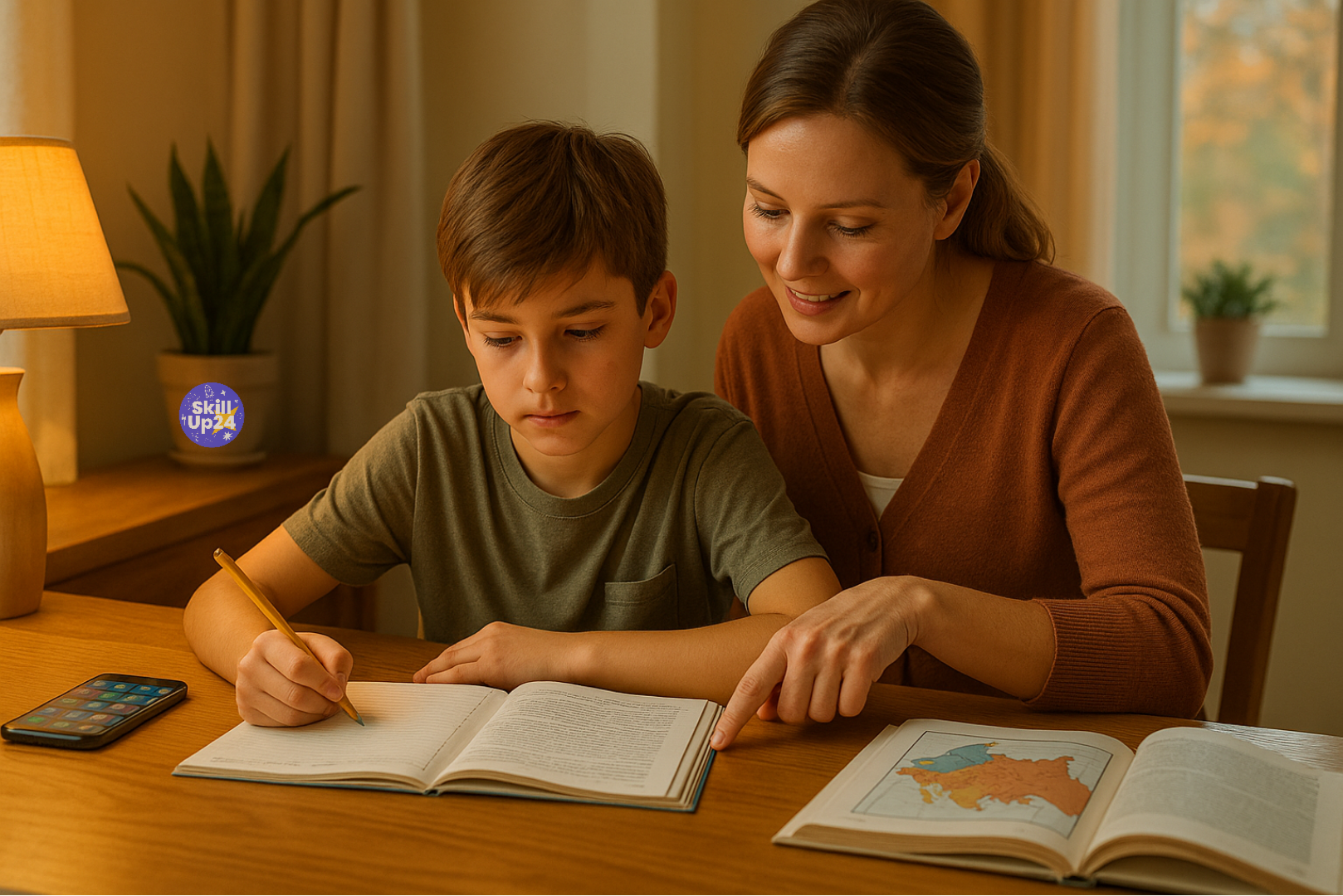 Мама помогает сыну 10–13 лет сосредоточиться на уроках, указывая на тетрадь на столе, рядом учебник и телефон, тёплое вечернее освещение и уютная домашняя атмосфера
