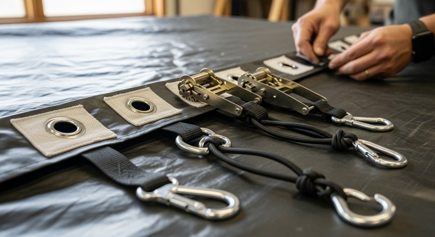 Храповые стяжки с металлическими пряжками и люверсы с усиленными накладками на темном тенте для надежного крепления на автомобиле