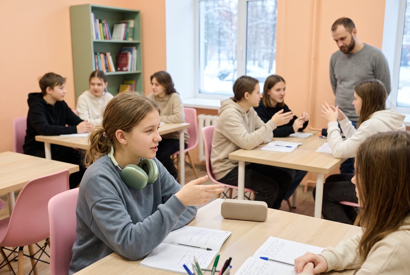 Подростки в парах разыгрывают диалог на занятии английского в студии, преподаватель слушает, на столе колонка с аудио