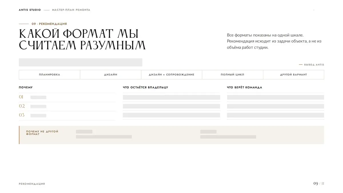 Экран 09 «Рекомендация»: шкала форматов реализации и обоснование выбора
