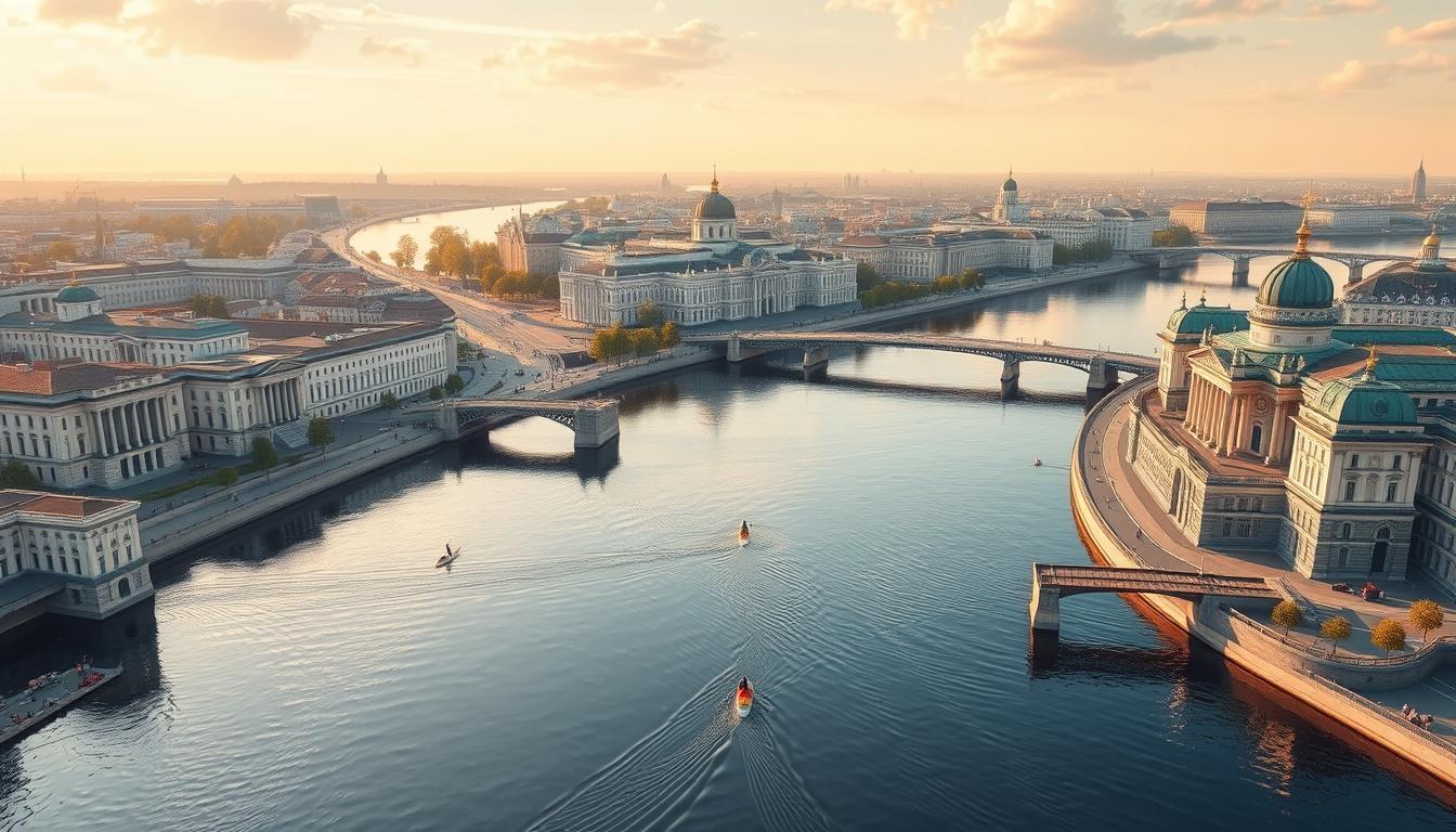 A peaceful outdoor scene along the canals of St. Petersburg, Russia. The weather is mild and pleasant, with a soft overcast sky casting a warm, diffused light across the scene. In the foreground, people stroll leisurely along the boardwalk, enjoying the tranquil waterways and historic architecture. The middle ground features several traditional wooden sailboats, their masts and rigging reflected in the still waters. In the background, the iconic domes and spires of St. Isaac's Cathedral and the Winter Palace can be seen in the distance, adding a sense of grandeur to the setting. The overall mood is one of relaxation and appreciation for the city's beautiful natural and architectural features, an ideal backdrop for an enjoyable SAP-walking tour.