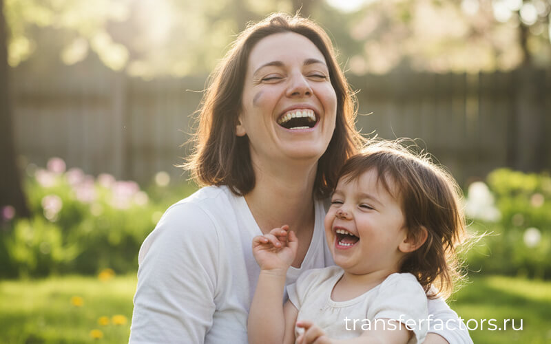 4Life Transfer Factor: детский смех снижает стресс — мама и ребёнок смеются на улице