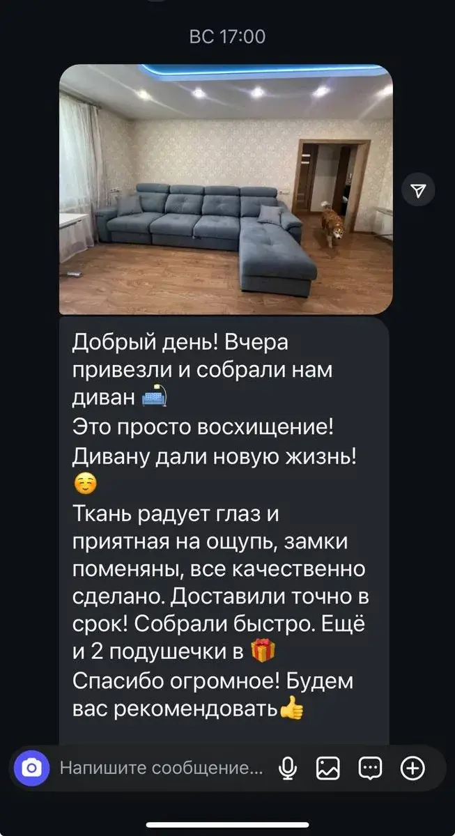 Отзыв клиента о перетяжке дивана в мессенджере