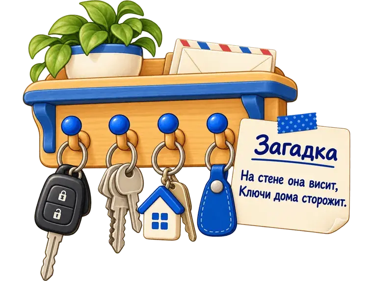 Деревянная ключница с крючками и ключами и записка-загадка для домашнего квеста