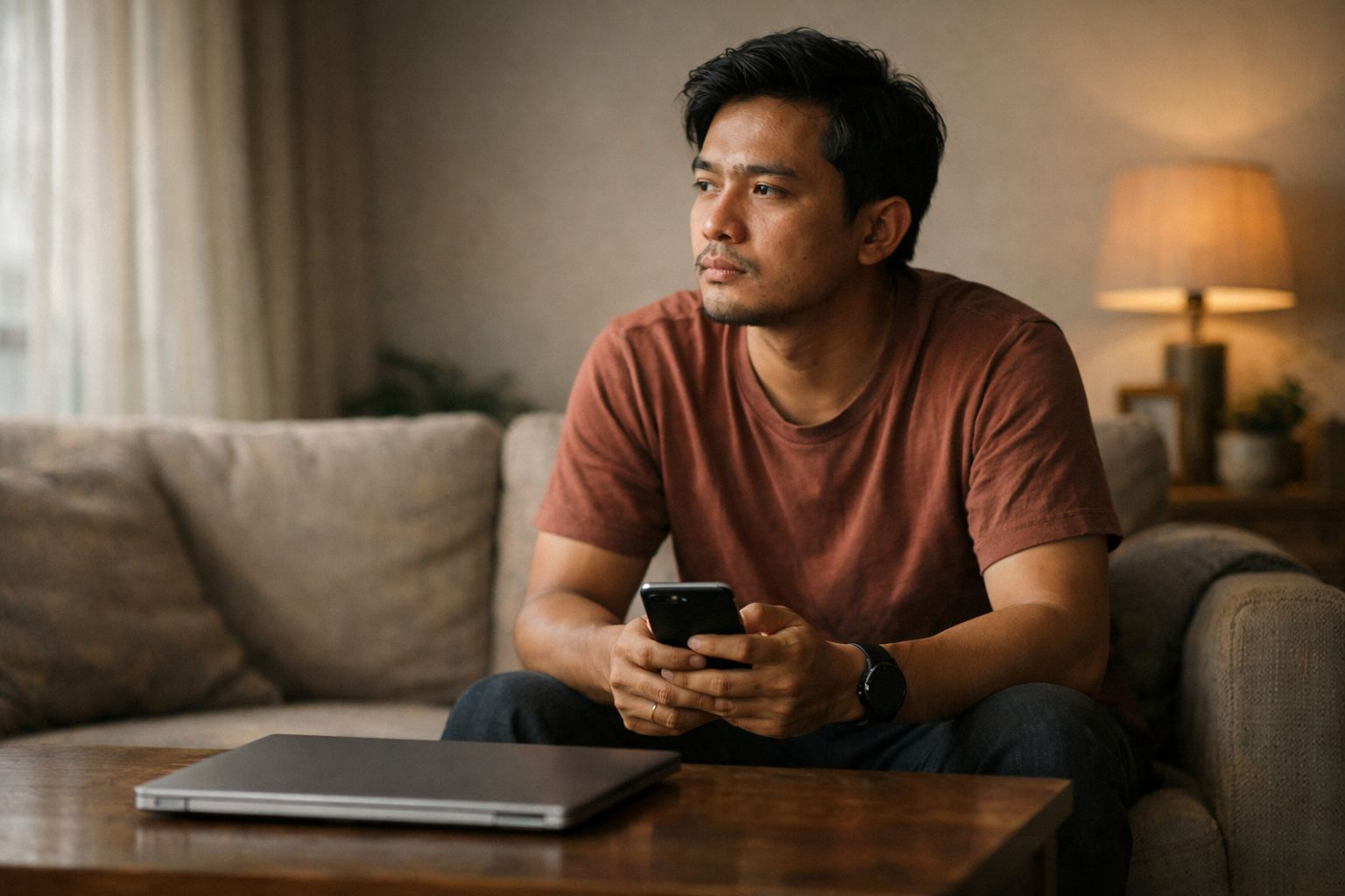 Pria duduk di sofa sambil memegang ponsel dan memandang kosong ke depan, menunjukkan kebiasaan menunda tugas karena perasaan tidak nyaman atau kehilangan arah