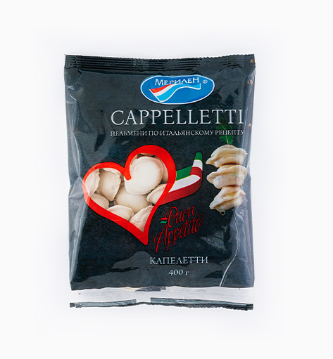 Пельмени «Каппеллетти» от производителя Мерилен — замороженные полуфабрикаты, приготовленные по итальянскому рецепту с начинкой из свинины, говядины. Упаковка: 400 гр.