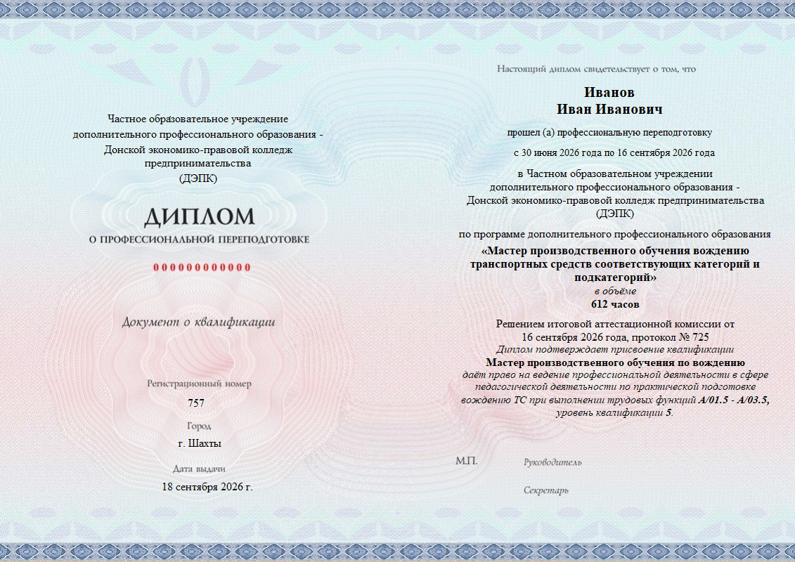 Диплом профессиональной переподготовки Мастер профессионального обучения по вождению