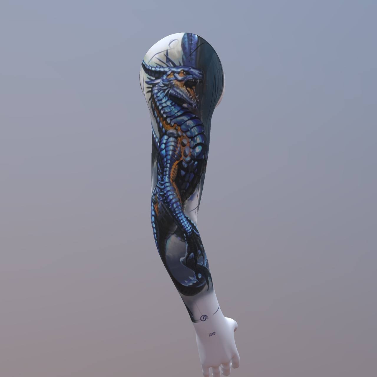 Realistic blue dragon sleeve tattoo sketch and custom tattoo project, showing a fierce dragon design wrapping around the shoulder and arm. Los Angeles.