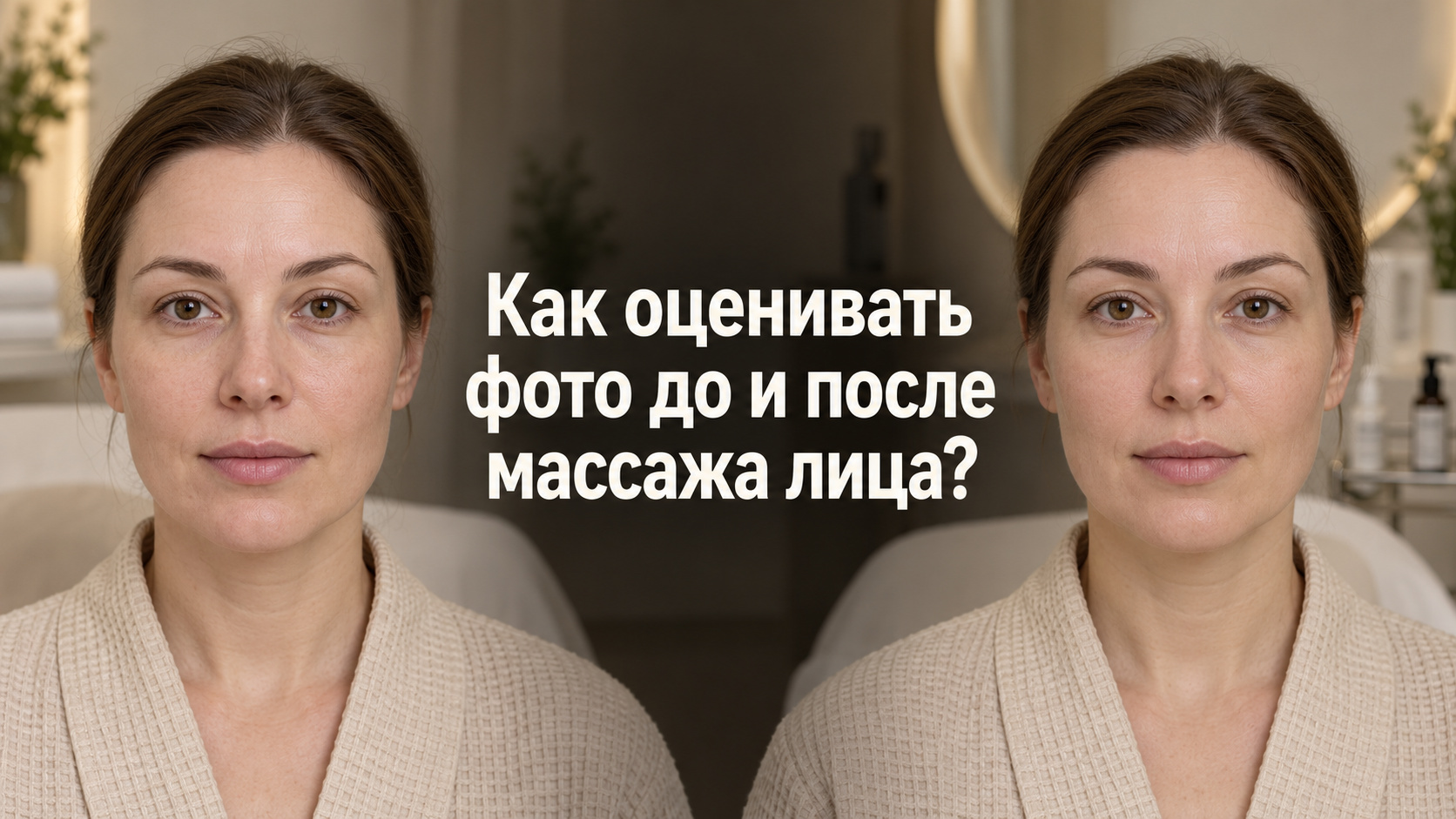 Два нейтральных портрета одной женщины в одинаковом освещении и ракурсе; по центру вопрос «Как оценивать фото до и после массажа лица?»