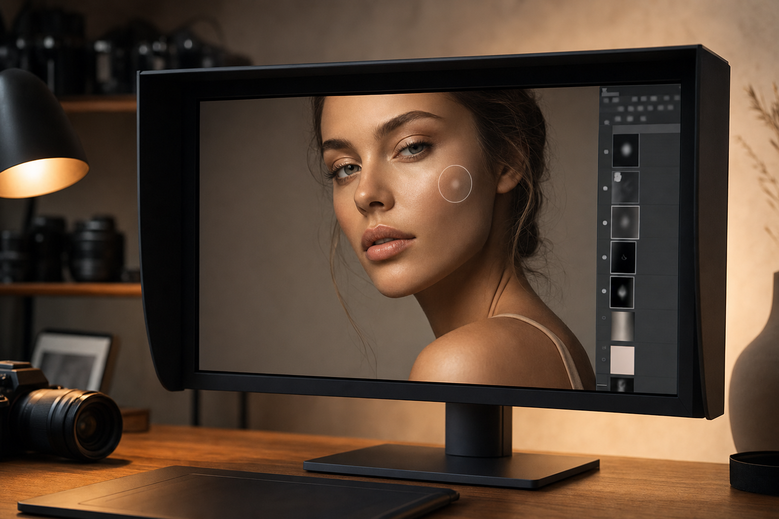 Dodge  Burn в Photoshop: лепка светотени и объёма на портрете кисть и панель слоёв на мониторе