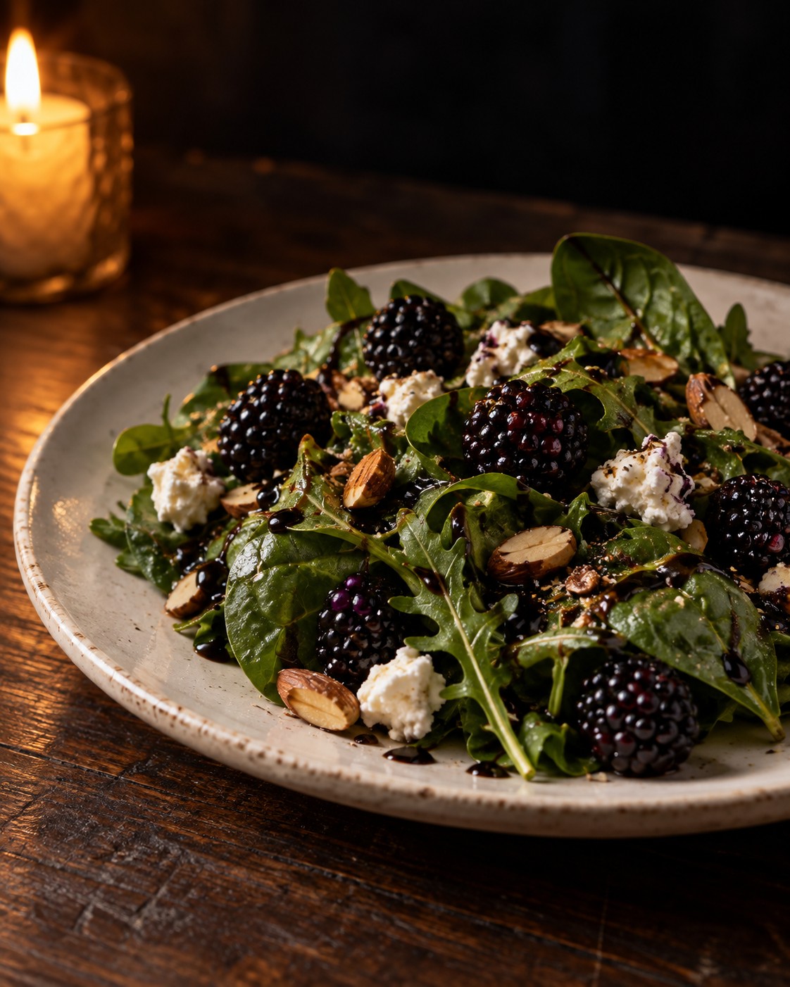 Salad of baby spinach and arugula with blackberries, crumbled goat cheese and smoked almonds in a balsamic dressing on a white plate, by Miami private chef Marina Staver
