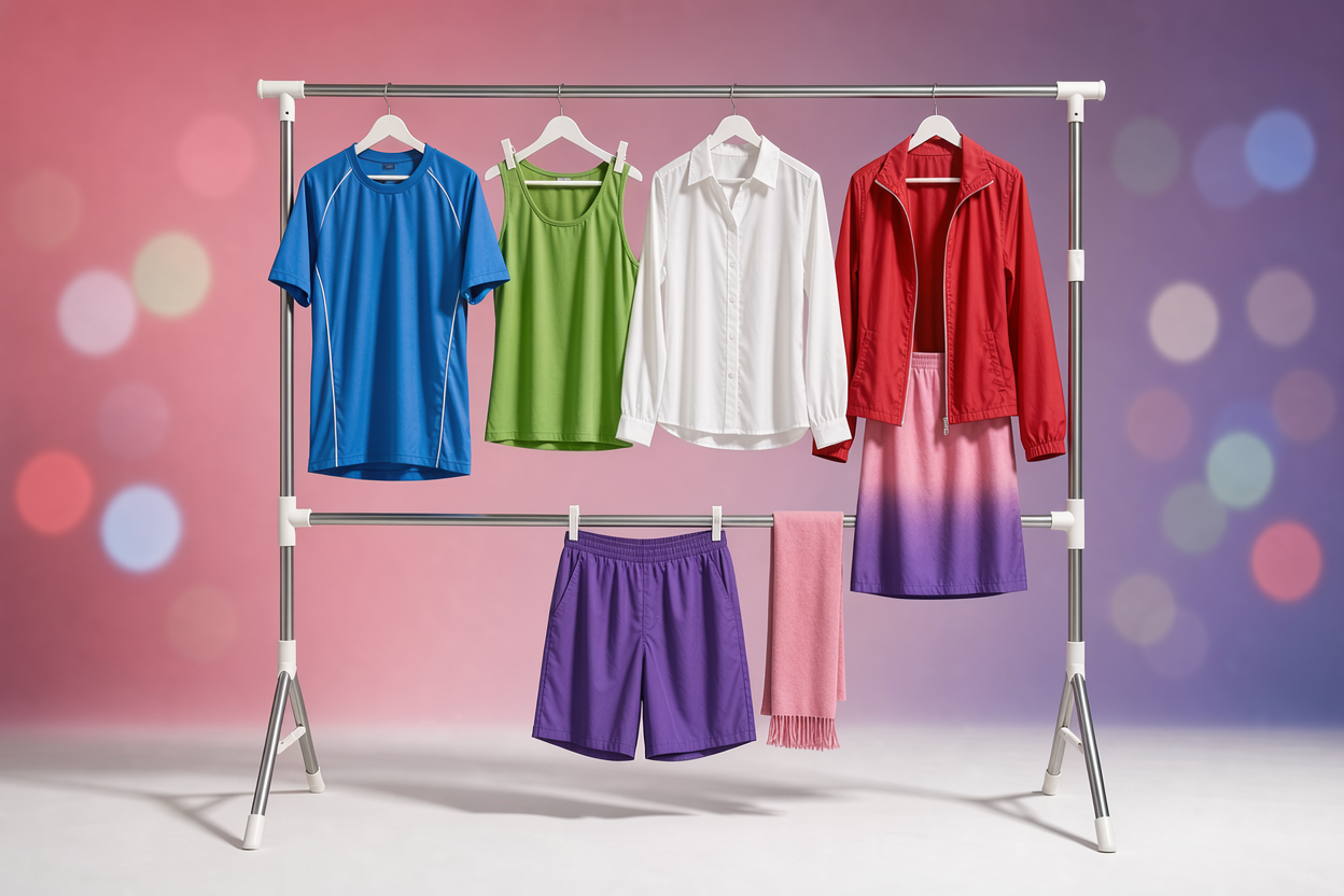 Polyester garments hanging on a drying rack indoors, gently spread to avoid creases and direct sunlight