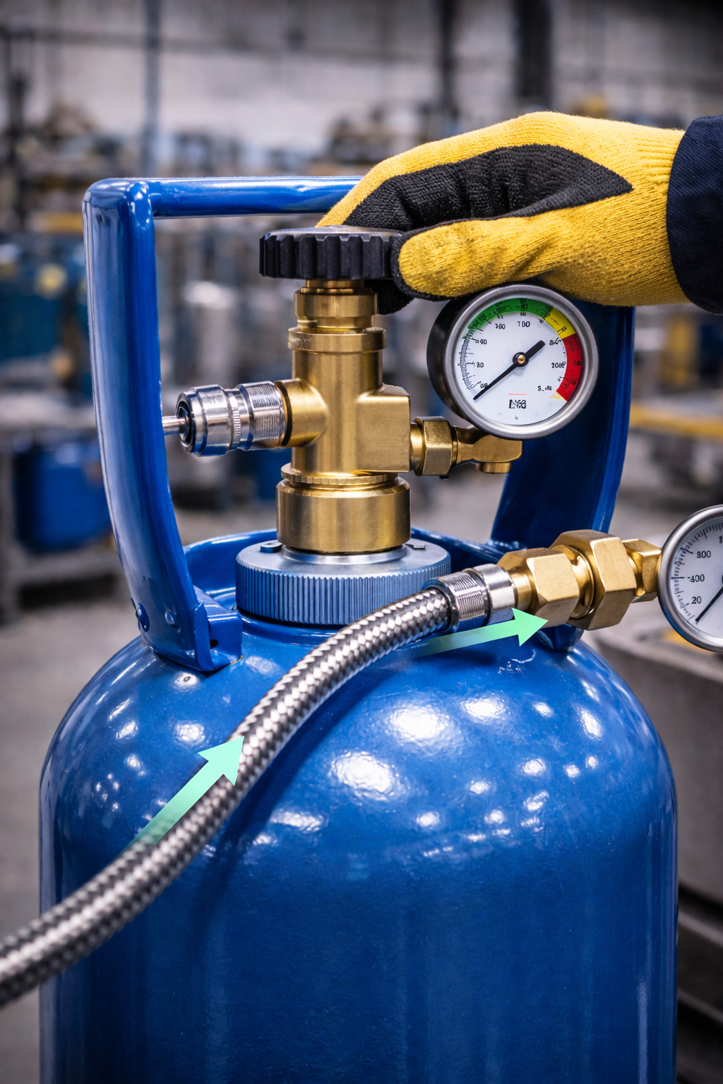 Газовый коллектор с несколькими вентилями, медными трубками и манометрами, соединяющий ряд газовых баллонов на промышленной рампе.