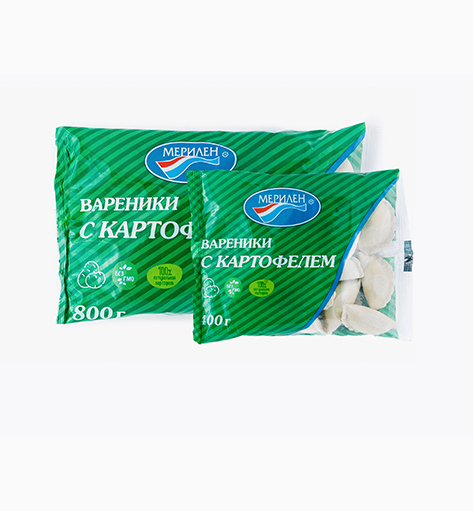 Вареники «С картофелем» от производителя Мерилен — замороженные полуфабрикаты с картофельной начинкой и жареным луком, мягкое тесто. Упаковка: 400 гр./800 гр. Удобны для быстрого приготовления.