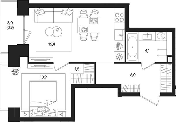 2‑комн квартира ~39 м²