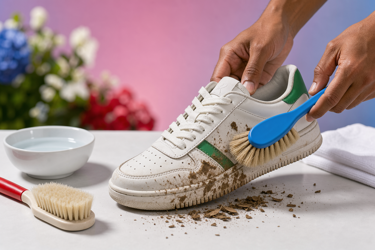 close-up of hands brushing dried mud off a sneaker outdoors next to a small bowl of water and a soft brush, showing pre-wash preparation steps