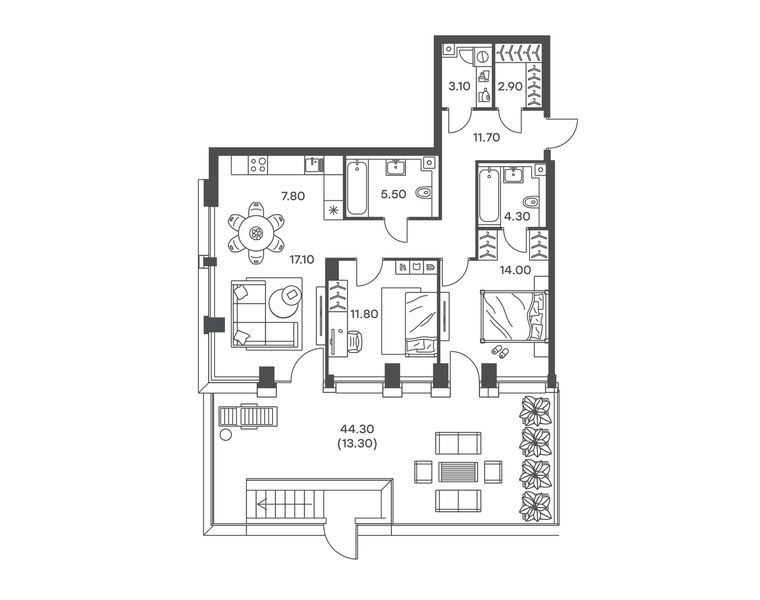 Планировка 2-комнатной квартиры 91,5 м² в ЖК «Инджой»: секция 10, 2-й этаж