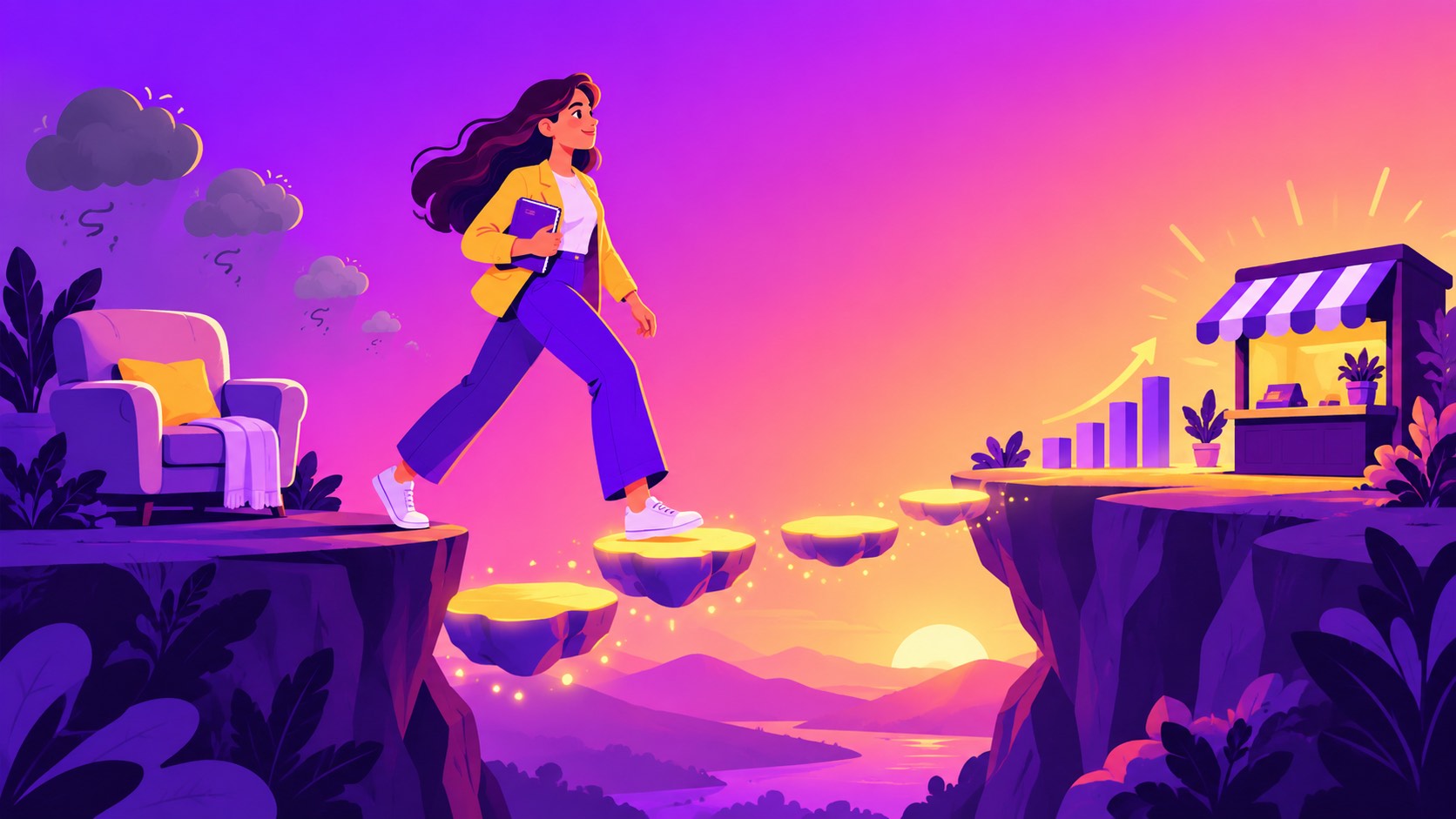 You Are a Badass summary illustration: a founder leaves her comfort-zone armchair and storm clouds of doubt behind, stepping across glowing stones towards her own small shop