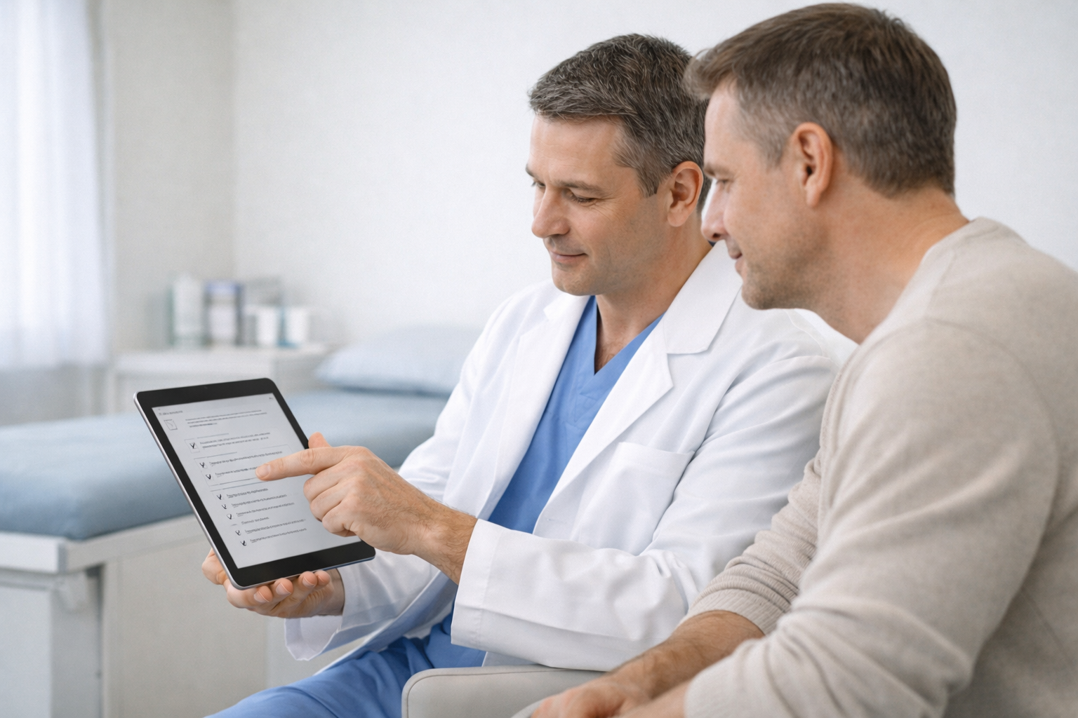 Кому подходит хирургия одного дня: врач с пациентом обсуждают критерии и подготовку перед операцией на суставе