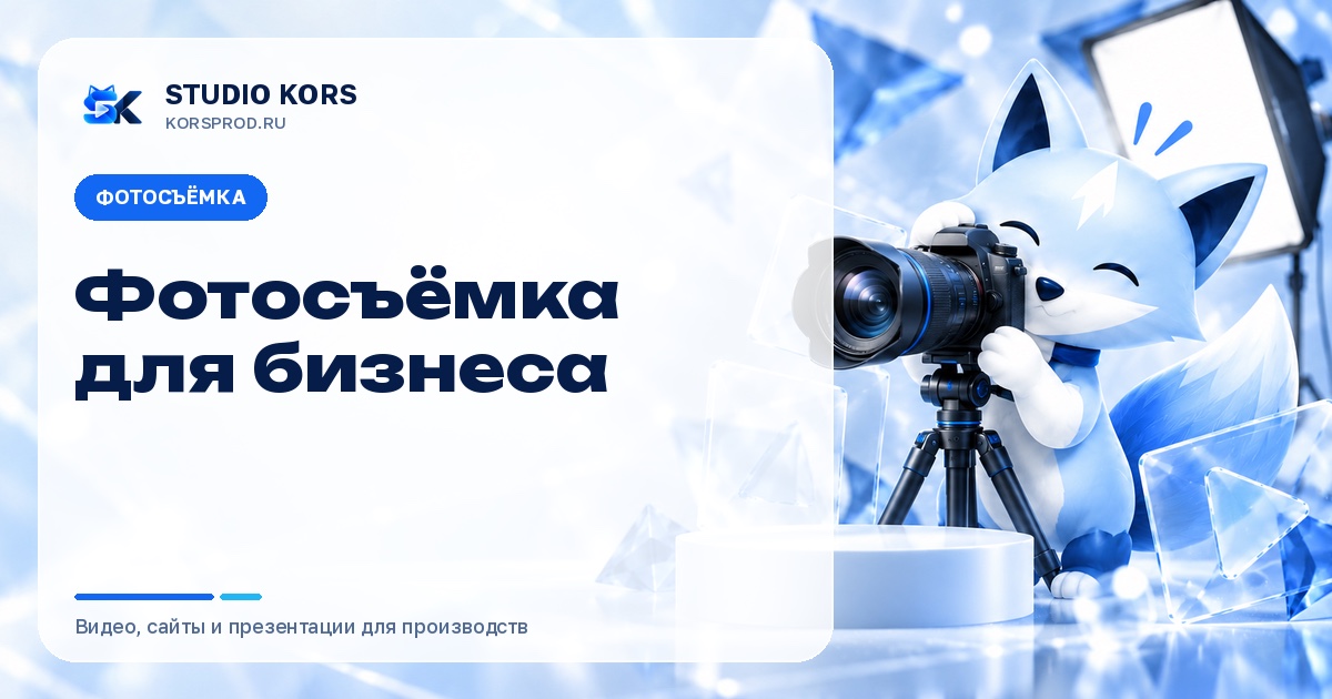 Обложка услуги «Фотосъёмка для бизнеса» студии KORS: лис-талисман с фотоаппаратом на штативе и студийный свет
