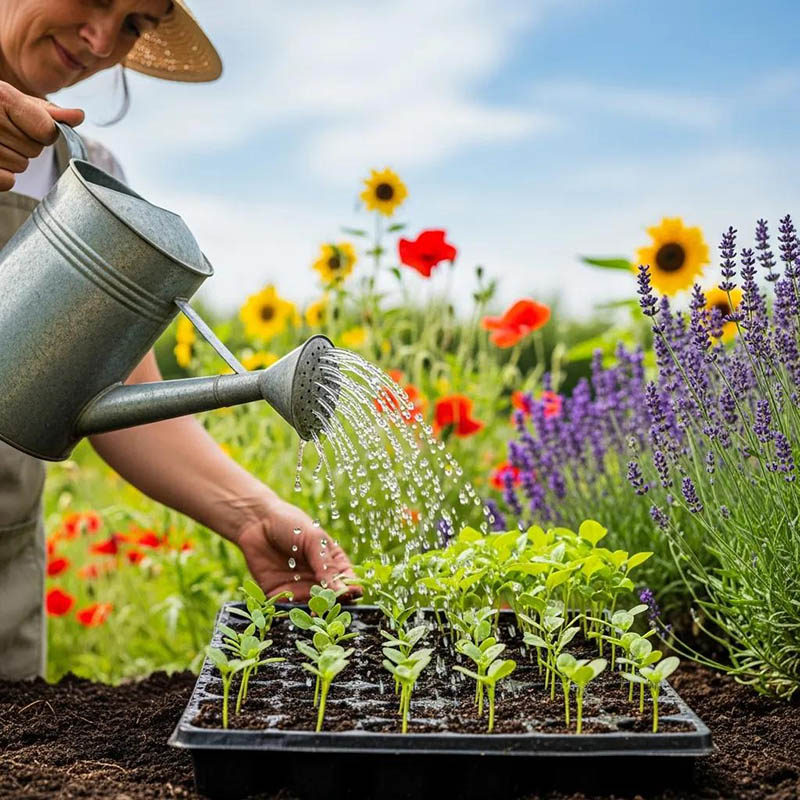 Gardener preparing rich soil for transplanted seedlings in a garden bed