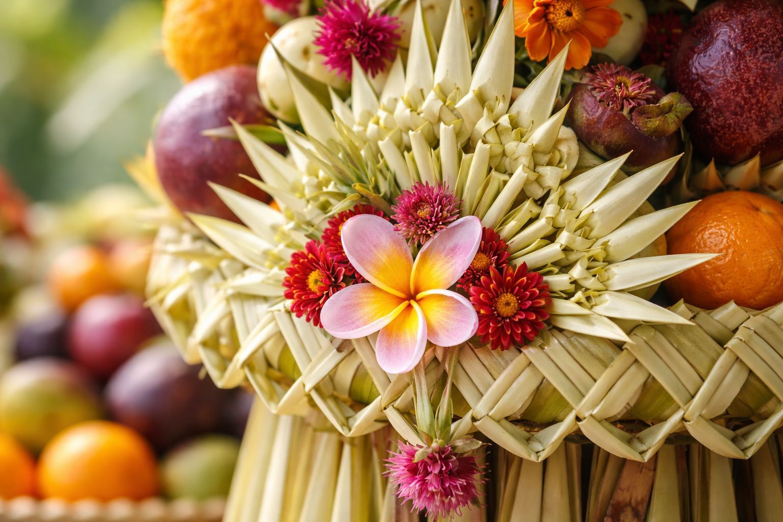 Detail janur buah dan susunan gebogan banten Bali yang artistik